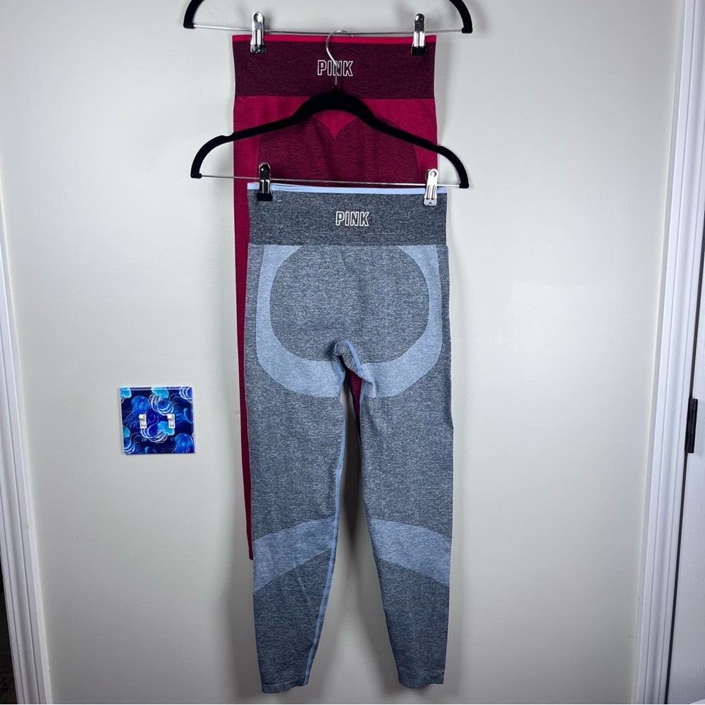 Lot of 2 Victoria’s Secret PINK Seamless Blue Red  Leggings Workout Small